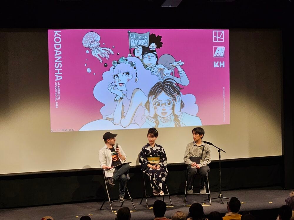 photo from the q and a session after the movie depicting akiko higashimura with peter tatara and interpreter jiay shida