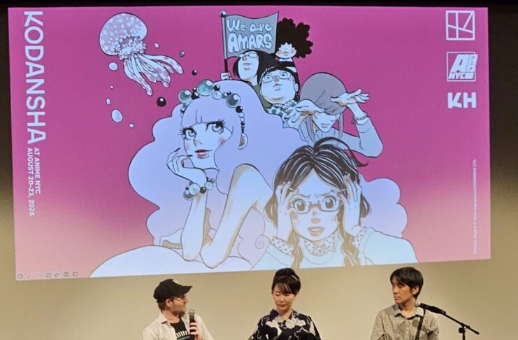 photo from the q and a session after the movie depicting akiko higashimura with peter tatara and interpreter jiay shida
