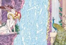 Beat’s Bizarre Adventure: A beautiful and bizarre voyage to PANORAMA ISLAND From The Strange Tale of Panorama Island. A woman sits on a cliff face to the left. To her right is a peacock as well as a statue of a large naked man sitting on the back of a tortoise. Between them is a waterfall.
