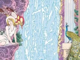 Beat’s Bizarre Adventure: A beautiful and bizarre voyage to PANORAMA ISLAND From The Strange Tale of Panorama Island. A woman sits on a cliff face to the left. To her right is a peacock as well as a statue of a large naked man sitting on the back of a tortoise. Between them is a waterfall.