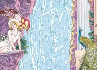 Beat’s Bizarre Adventure: A beautiful and bizarre voyage to PANORAMA ISLAND From The Strange Tale of Panorama Island. A woman sits on a cliff face to the left. To her right is a peacock as well as a statue of a large naked man sitting on the back of a tortoise. Between them is a waterfall.
