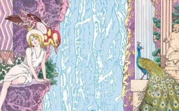 Beat’s Bizarre Adventure: A beautiful and bizarre voyage to PANORAMA ISLAND From The Strange Tale of Panorama Island. A woman sits on a cliff face to the left. To her right is a peacock as well as a statue of a large naked man sitting on the back of a tortoise. Between them is a waterfall.