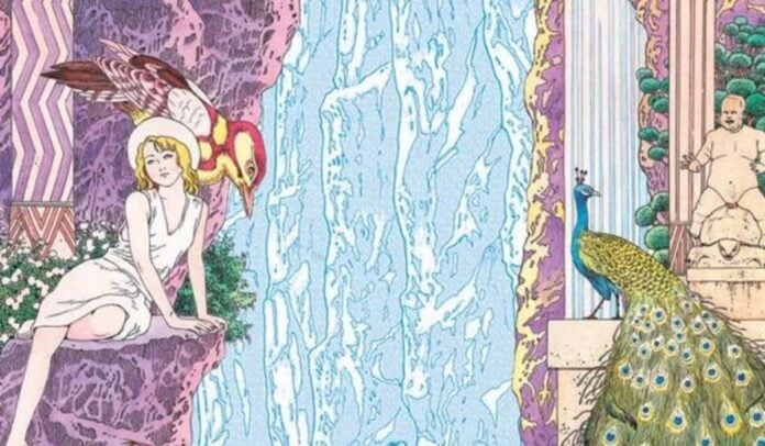 From The Strange Tale of Panorama Island. A woman sits on a cliff face to the left. To her right is a peacock as well as a statue of a large naked man sitting on the back of a tortoise. Between them is a waterfall.
