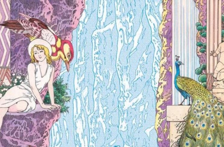 From The Strange Tale of Panorama Island. A woman sits on a cliff face to the left. To her right is a peacock as well as a statue of a large naked man sitting on the back of a tortoise. Between them is a waterfall.