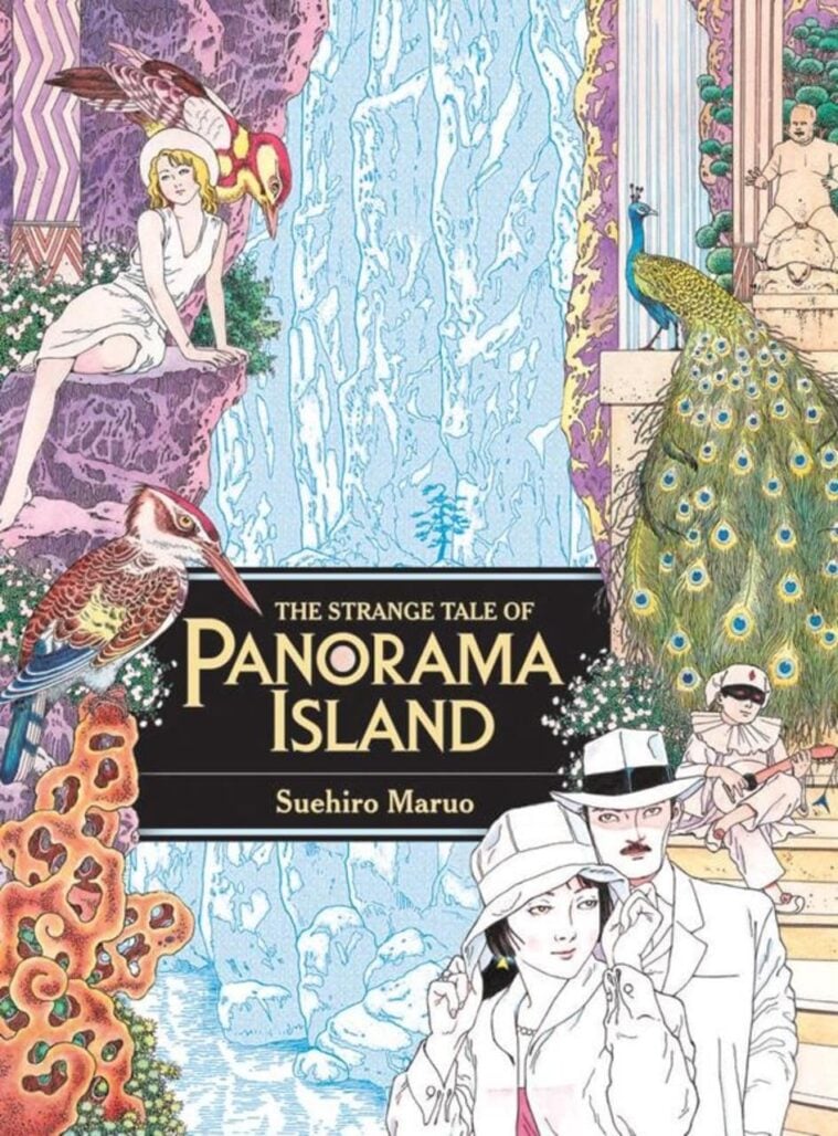 The cover of The Strange Tale of Panorama Island. A man and a woman wearing formal white clothing walk down a stairway, as a jester plays an instrument in the background. Around them can be seen various birds, a waterfall, and a young woman sitting on a cliffside. In the upper right is a famous statue of a large naked man sitting on the back of a tortoise.