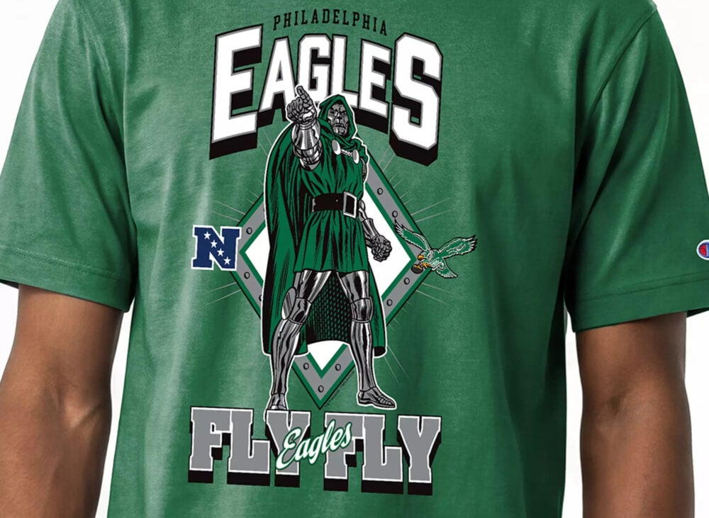 Adult Doctor Doom Philadelphia Eagles shirt detail