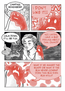 Marie and a read blob, the Worrywart, sit on a park bench talking about anxiety
