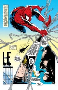 Spider-Man swings through New York, his webbing forms the panel borders