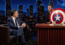 Stephen Colbert passes Mark Gruenwald’s Captain America shield to Jimmy Kimmel JIMMY KIMMEL LIVE! – “Jimmy Kimmel Live!” airs every weeknight at 11:35 p.m. ET and features a diverse lineup of guests that include celebrities, athletes, musical acts, comedians and human interest subjects, along with comedy bits and a house band. The guests for Tuesday, September 15 included Stephen Colbert, musical Guest Medium Build and Judith Hill sits in with The Cletones. (Disney/Randy Holmes) STEPHEN COLBERT, JIMMY KIMMEL