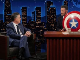 Stephen Colbert passes Mark Gruenwald’s Captain America shield to Jimmy Kimmel JIMMY KIMMEL LIVE! – “Jimmy Kimmel Live!” airs every weeknight at 11:35 p.m. ET and features a diverse lineup of guests that include celebrities, athletes, musical acts, comedians and human interest subjects, along with comedy bits and a house band. The guests for Tuesday, September 15 included Stephen Colbert, musical Guest Medium Build and Judith Hill sits in with The Cletones. (Disney/Randy Holmes) STEPHEN COLBERT, JIMMY KIMMEL