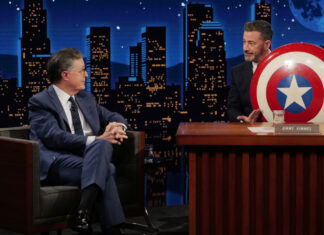 Stephen Colbert passes Mark Gruenwald’s Captain America shield to Jimmy Kimmel JIMMY KIMMEL LIVE! – “Jimmy Kimmel Live!” airs every weeknight at 11:35 p.m. ET and features a diverse lineup of guests that include celebrities, athletes, musical acts, comedians and human interest subjects, along with comedy bits and a house band. The guests for Tuesday, September 15 included Stephen Colbert, musical Guest Medium Build and Judith Hill sits in with The Cletones. (Disney/Randy Holmes) STEPHEN COLBERT, JIMMY KIMMEL