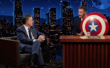 Stephen Colbert passes Mark Gruenwald’s Captain America shield to Jimmy Kimmel JIMMY KIMMEL LIVE! – “Jimmy Kimmel Live!” airs every weeknight at 11:35 p.m. ET and features a diverse lineup of guests that include celebrities, athletes, musical acts, comedians and human interest subjects, along with comedy bits and a house band. The guests for Tuesday, September 15 included Stephen Colbert, musical Guest Medium Build and Judith Hill sits in with The Cletones. (Disney/Randy Holmes) STEPHEN COLBERT, JIMMY KIMMEL