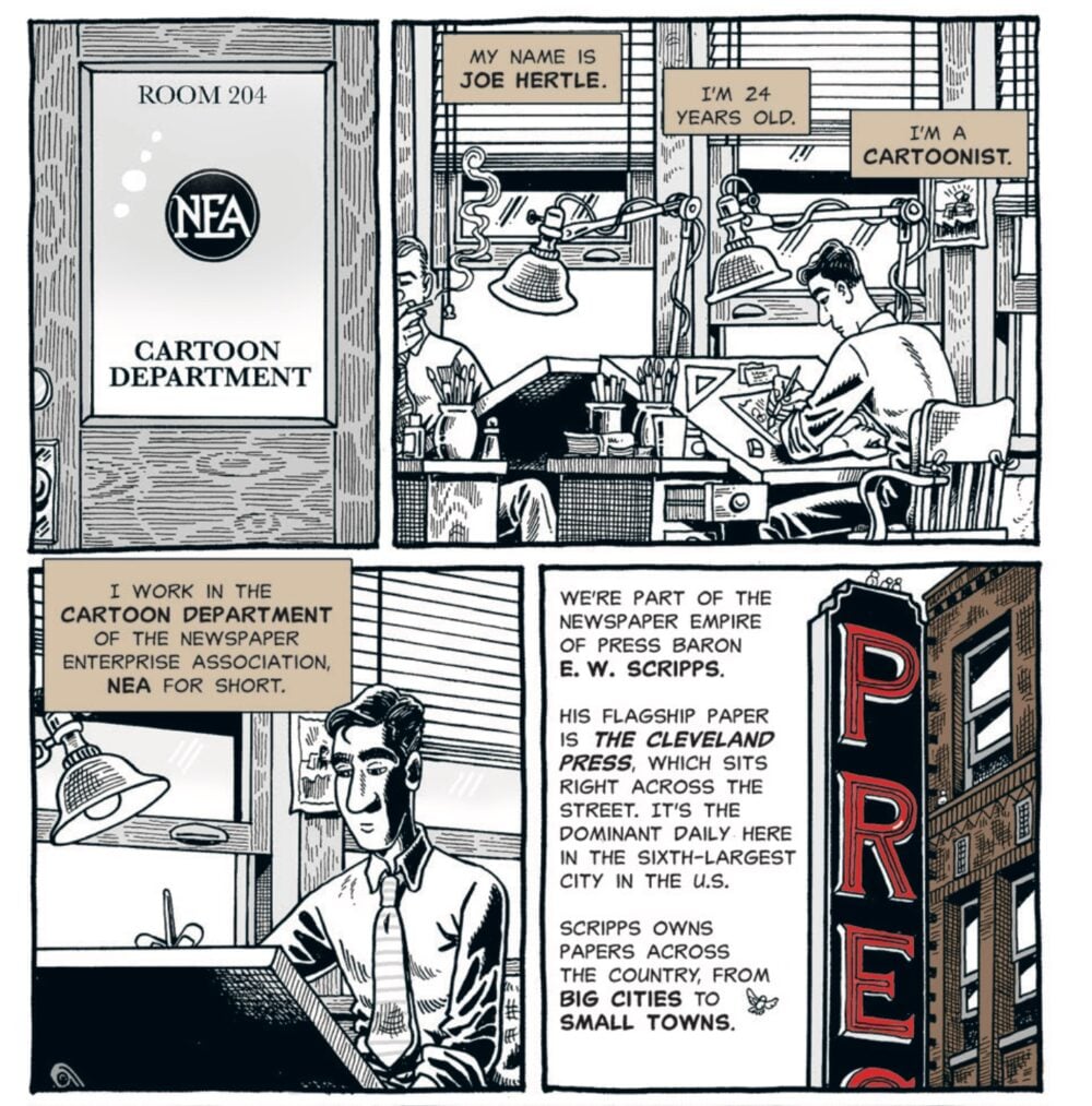 The Dissidents intro, featuring Joe Hertle sitting at his desk drawing in the Cartooning Department of his newspaper