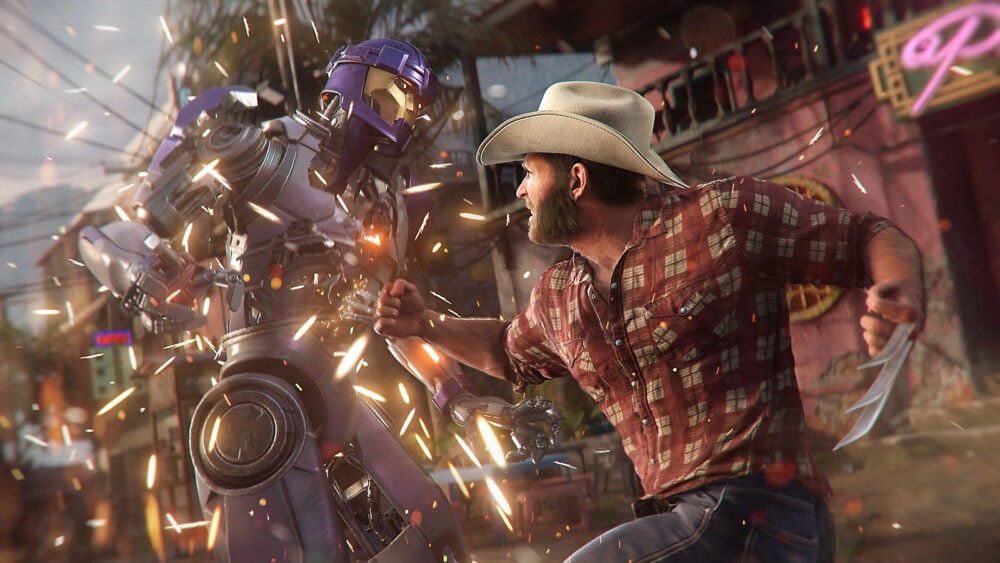 Logan fighting a human-sized Sentinel in Insomniac's Wolverine game