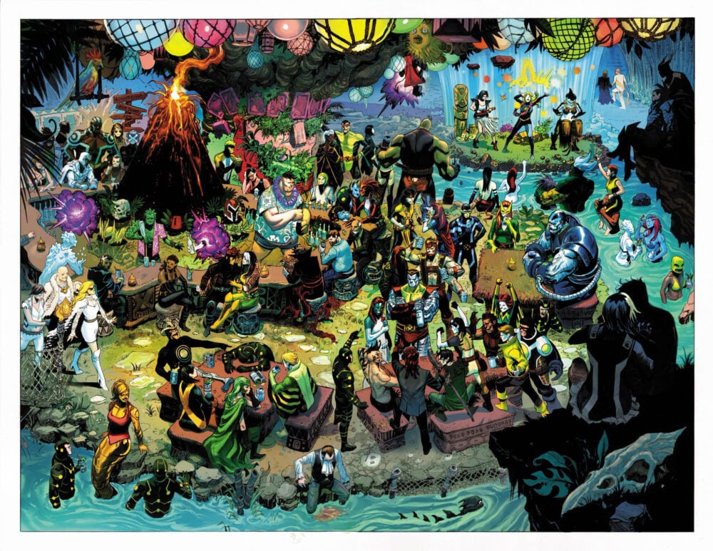 A double splash page by Cassara from X-Force #9 (2020)