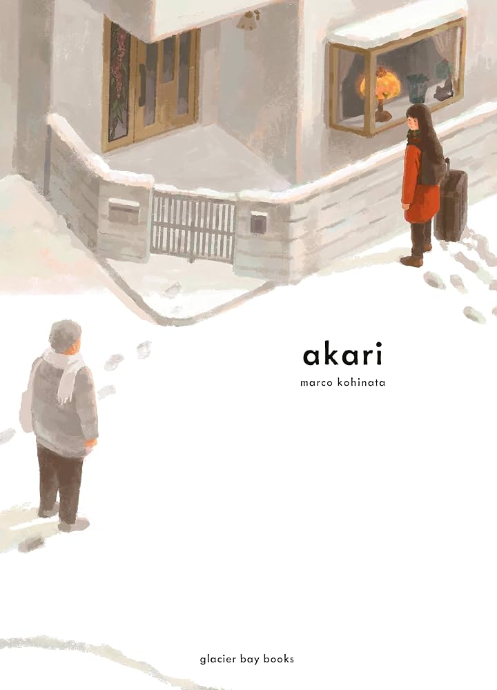 The cover Akari. An older man faces a young woman; both are standing in the snow. While the woman is facing the man, a softly glowing lamp can be seen through the window directly in front of her.