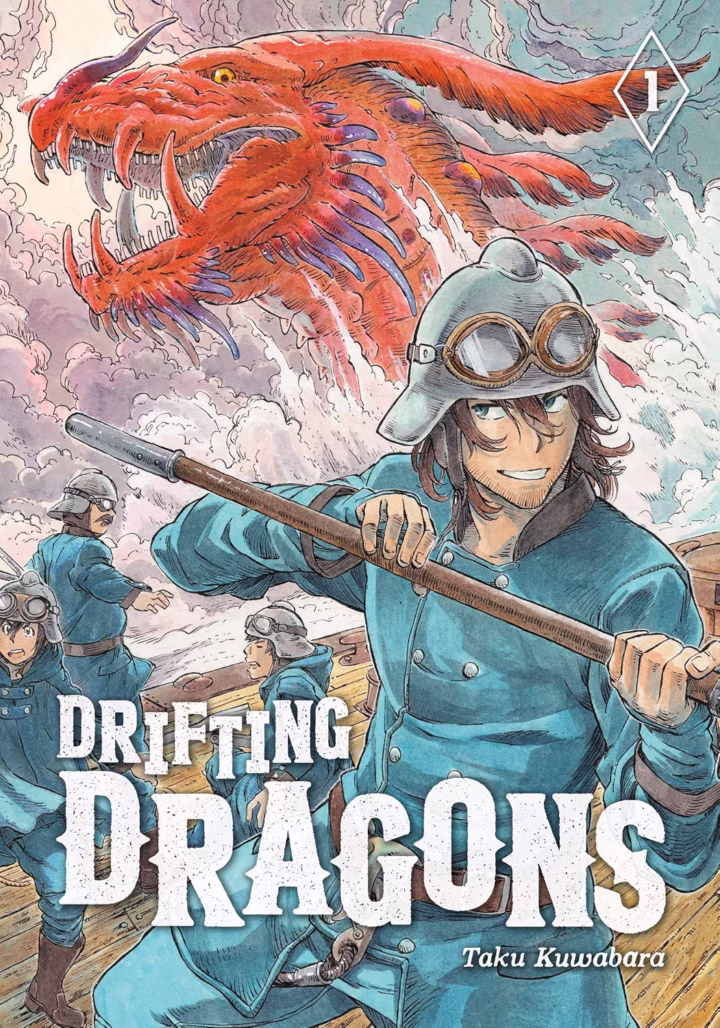The cover of Drifting Dragons. Various people in blue uniforms stand on the deck of a ship. Behind them, the head of an enormous red dragon erupts from the clouds.