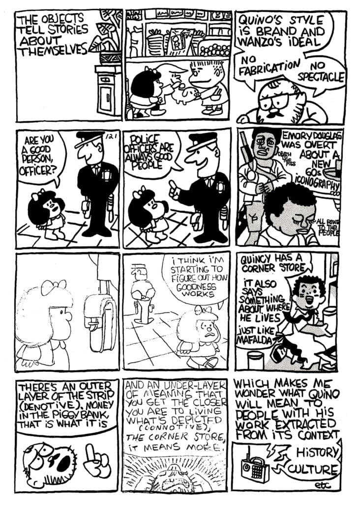 A Mafalda strip inserted into the middle left of the page.