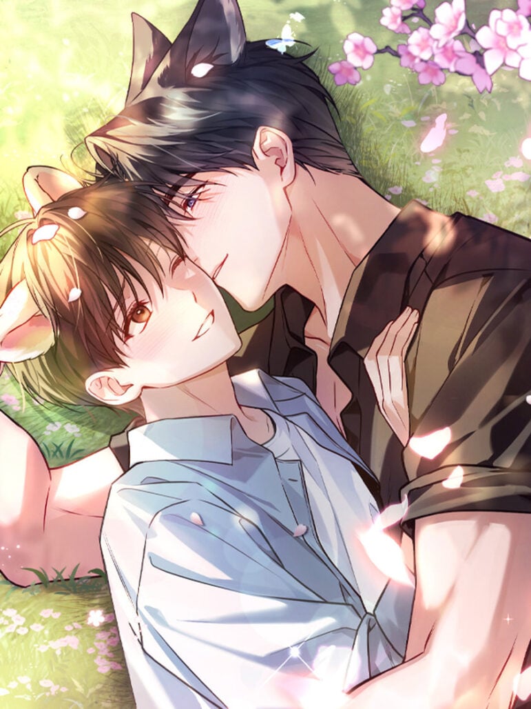 Two men with fluffy ears nuzzle each other while laying in a grassy field. Pink flowers bloom in the upper right corner.