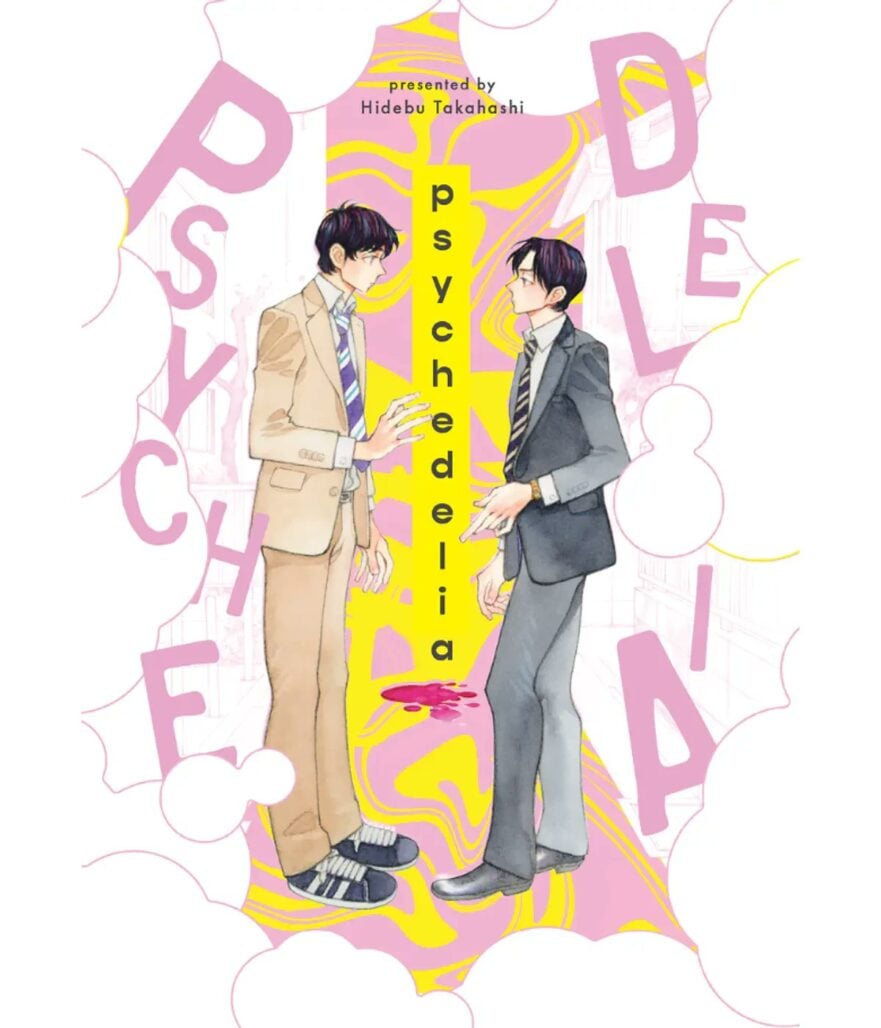 The cover of Psychedelia. Two men face each other; between the two of them is a puddle of blood. They wear brown and grey suits respectively.
