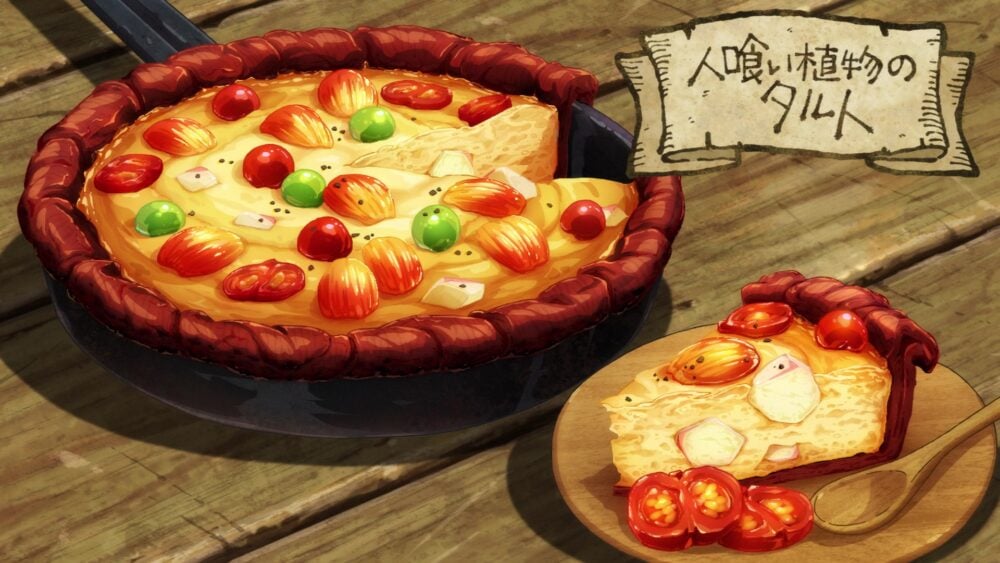 A scene from Delicious in Dungeon, depicting a delicious tart.