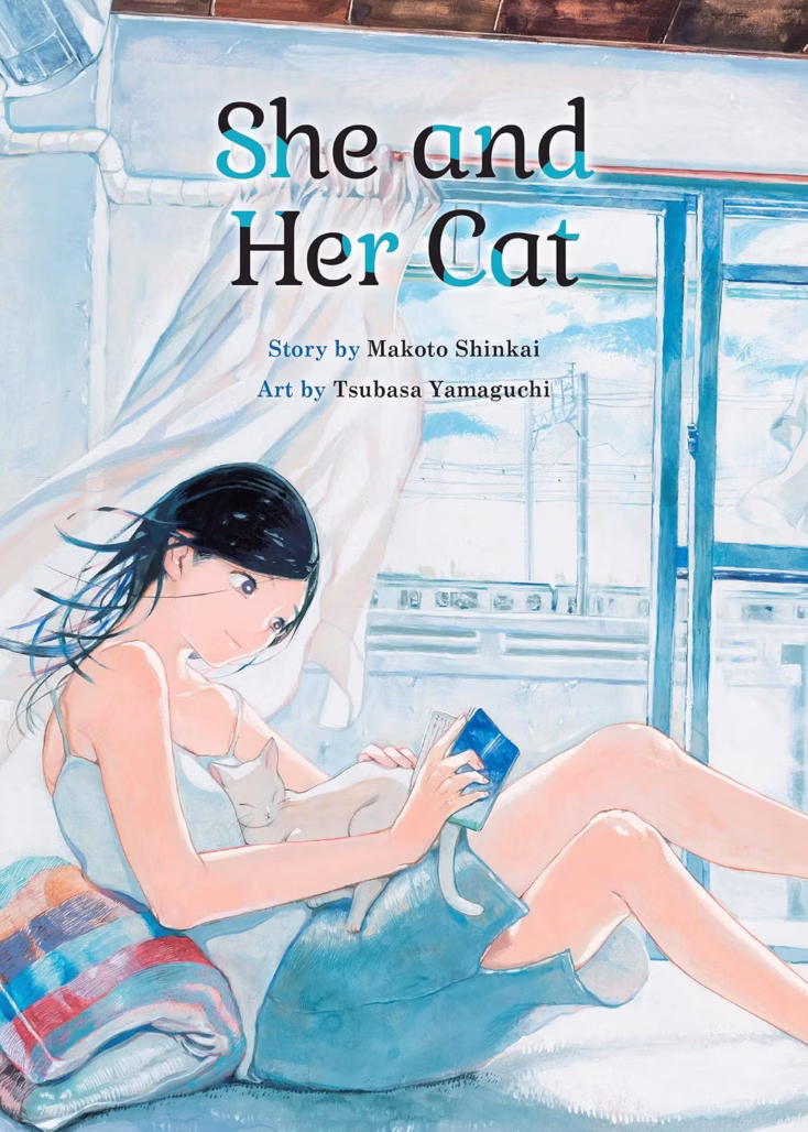 The cover of She and Her Cat. A woman sits next to the glass door to her balcony while reading a book. Her hand is on a white cat sitting on her lap. The curtains blow in the background.