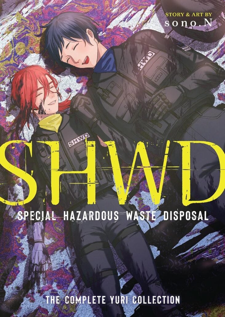 Two women wearing jackets labled "SHWD" lie together surrounded by goo.
