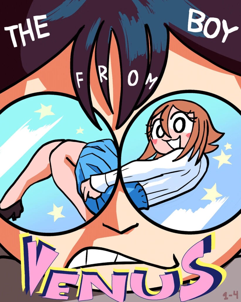 A femme guy wearing a white top and blue skirt can be seen in the glasses of an angry woman.