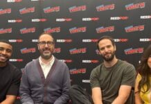 NYCC ‘26: The cast and co-creators of COMMON SIDE EFFECTS tease Season 2 (L-R) Joseph Lee Anderson, Steve Hely, Joe Bennett, and Emily Pendergast sitting at NYCC '26 smiling.