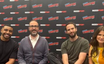 NYCC ‘26: The cast and co-creators of COMMON SIDE EFFECTS tease Season 2 (L-R) Joseph Lee Anderson, Steve Hely, Joe Bennett, and Emily Pendergast sitting at NYCC '26 smiling.