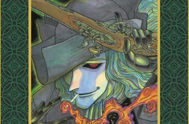 The cover of The Black Museum: The Ghost and the Lady, depicting a ghostly man with long green hair. He has red eyes, is carrying a gun in his hand, and is lighting a cigarette trailing red flame with the other.
