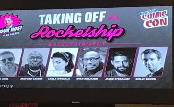 NYCC ’26: ROCKETSHIP ENTERTAINMENT takes off with new announcements and collabs A photo taken of the main title slide for Rocketship Entertainment's panel