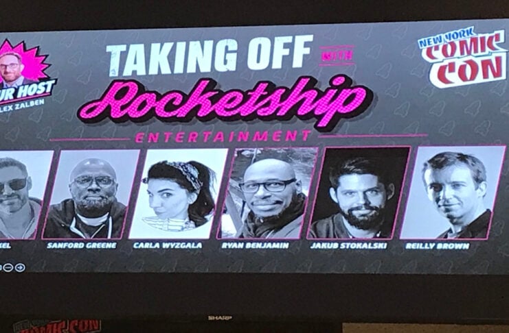 A photo taken of the main title slide for Rocketship Entertainment's panel
