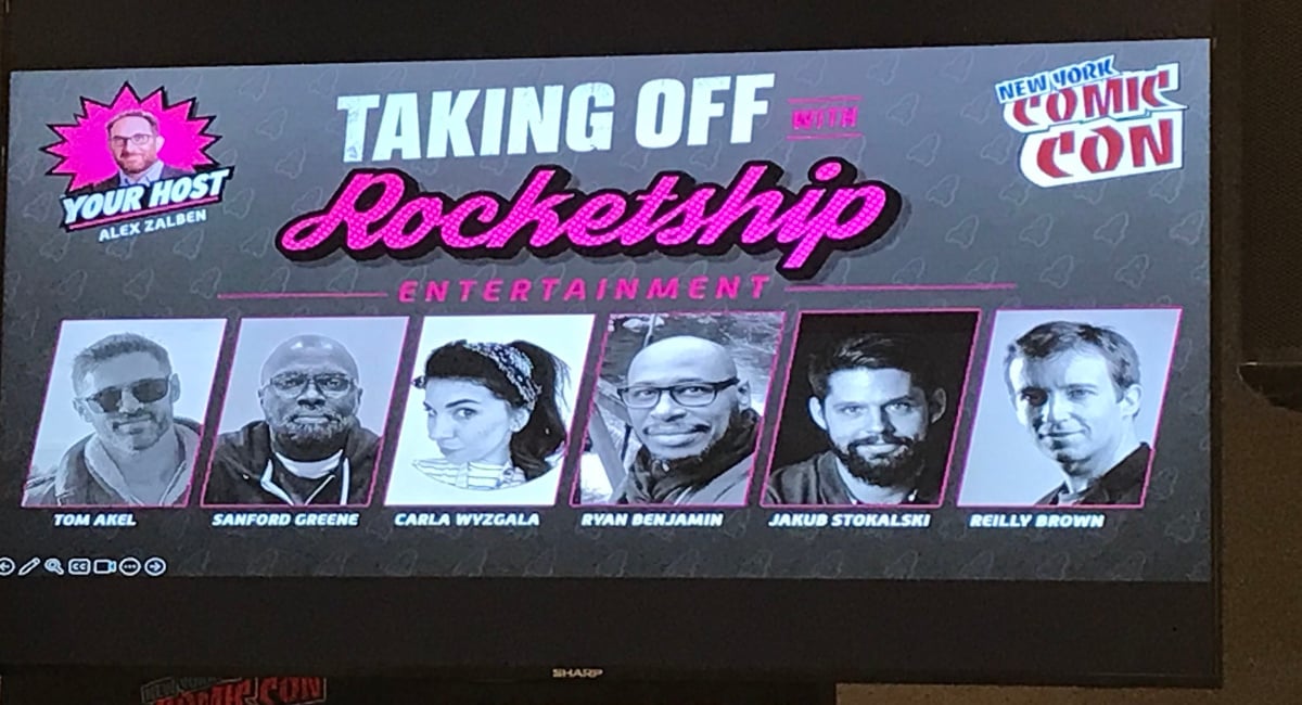 re_banner A photo taken of the main title slide for Rocketship Entertainment's panel
