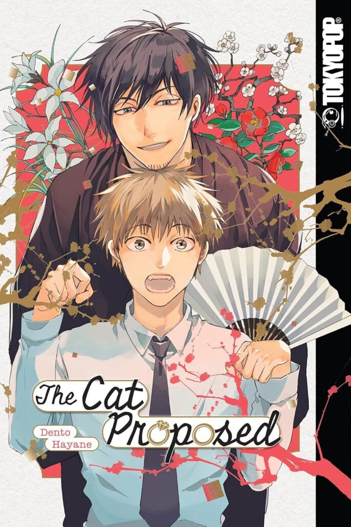 The cover of The Cat Proposed. A man with hair on his chin stands behind another man wearing a tie. The latter is bunching his hands into fists, like the hand of a cat. White flowers blossom behind them.