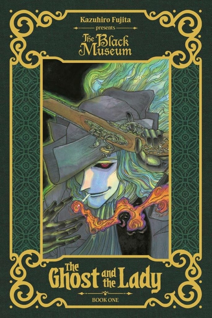 The cover of The Black Museum: The Ghost and the Lady, depicting a ghostly man with long green hair. He has red eyes, is carrying a gun in his hand, and is lighting a cigarette trailing red flame with the other.
