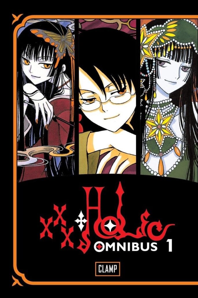 The cover of xxxHolic's first omnibus, featuring two pictures of Yuko the witch bordering Watanuki. Yuko is wearing a red dress on the left (with a butterfly) and a green dress on the right (with a star.) Smoke drifts from her pipe. Watanuki is wearing glasses.